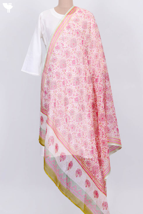 Kota Doria Dupatta In Floral Block Print